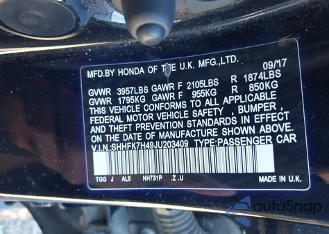 2018 Honda Civic Sport from USA, damaged, VIN SHHFK7H49JU203409